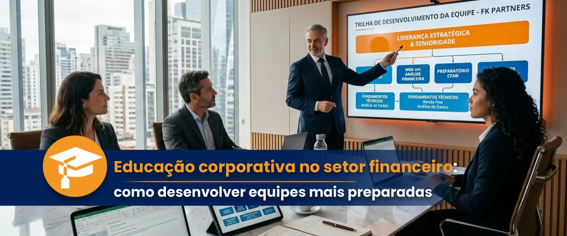Profissionais analisando dados financeiros à direita praticamente a educação corporativa no setor financeiro