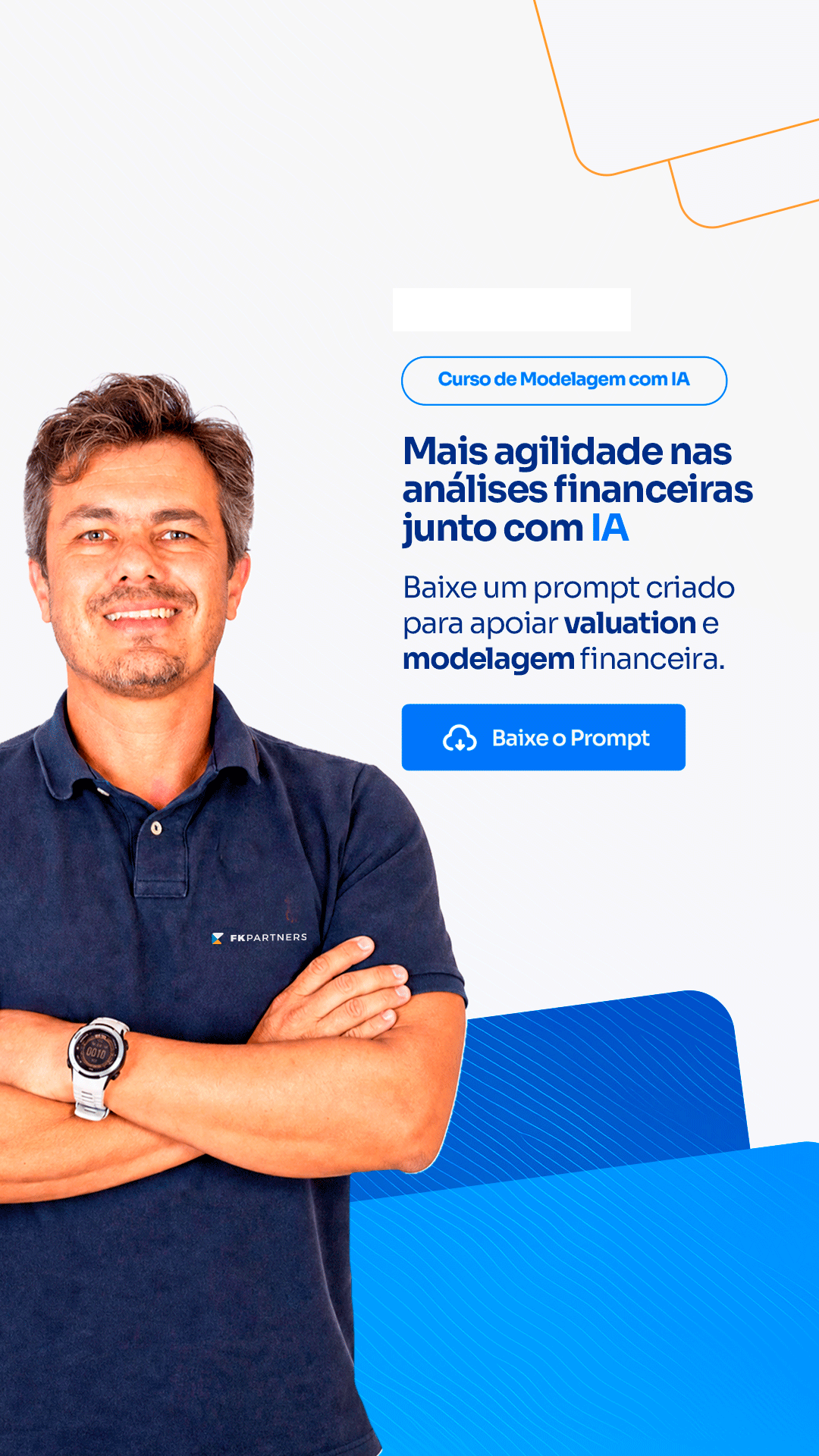 Homem sorridente de peito para a câmera, à esquerda, com o texto publicitário sobre IA e um botão azul de download ao centro.