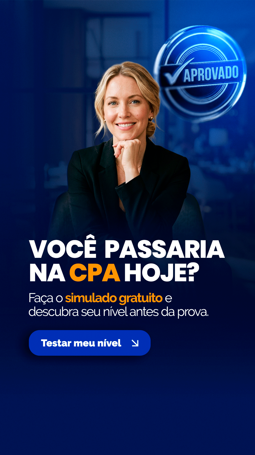 Banner promocional em português convidando a fazer um simulado CPA, com CTA 'Testar meu nível' no botão azul.