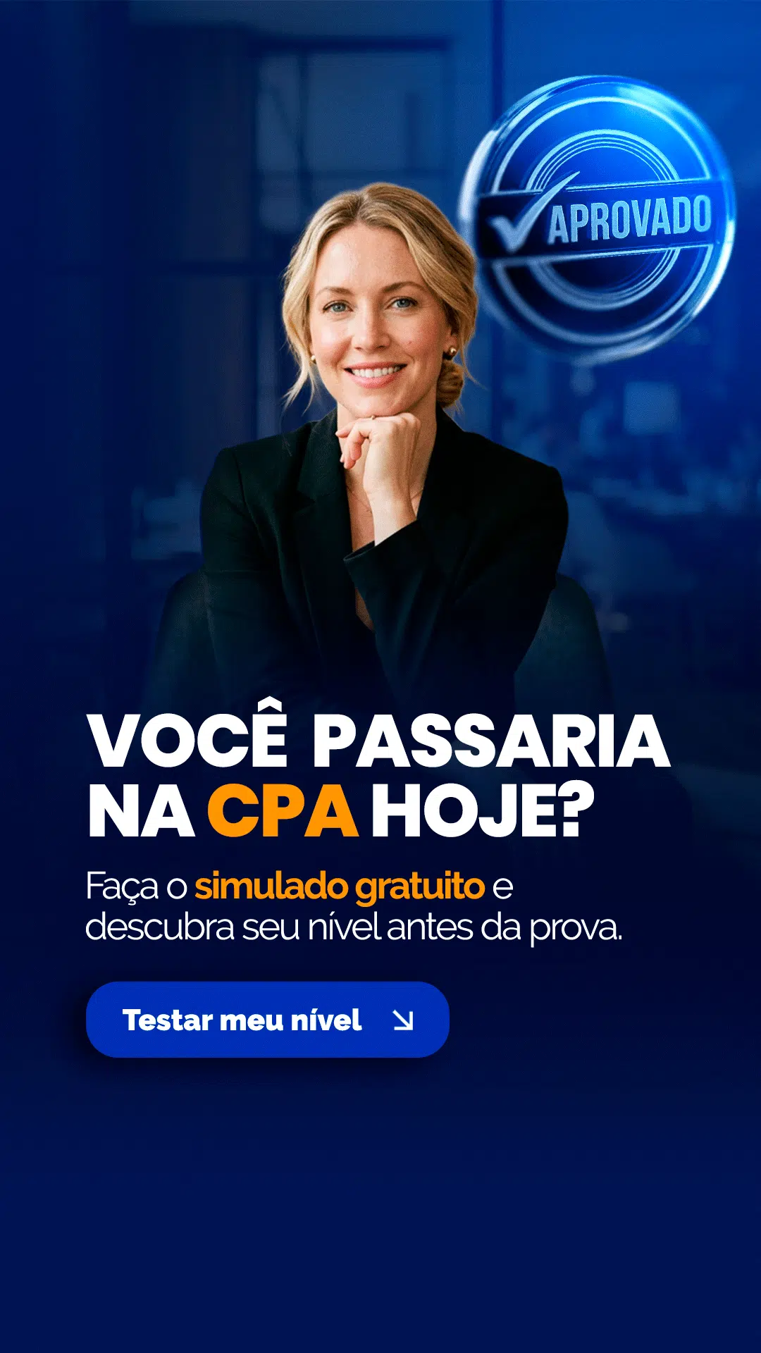 Banner promocional em português convidando a fazer um simulado CPA, com CTA 'Testar meu nível' no botão azul.