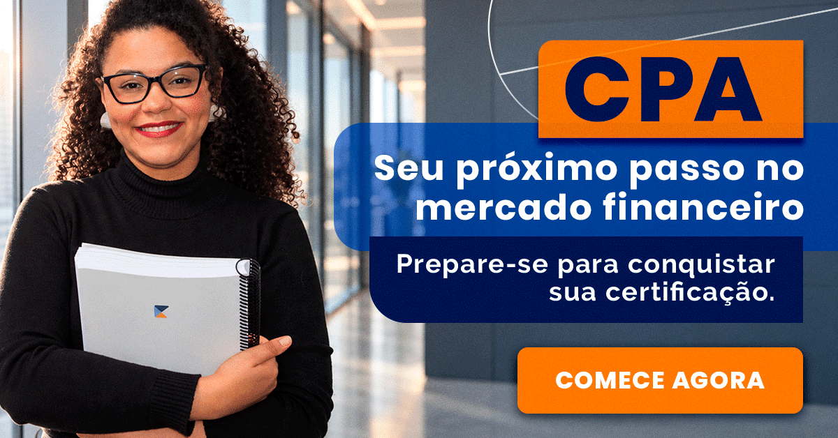 Mulher sorridente segurando um caderno, publicitário banner CPA com fundo azul e laranja e botão 'Comece Agora'