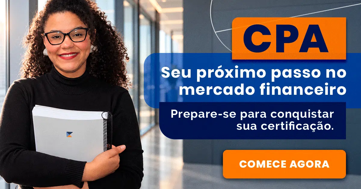 Mulher sorridente segurando um caderno, publicitário banner CPA com fundo azul e laranja e botão 'Comece Agora'