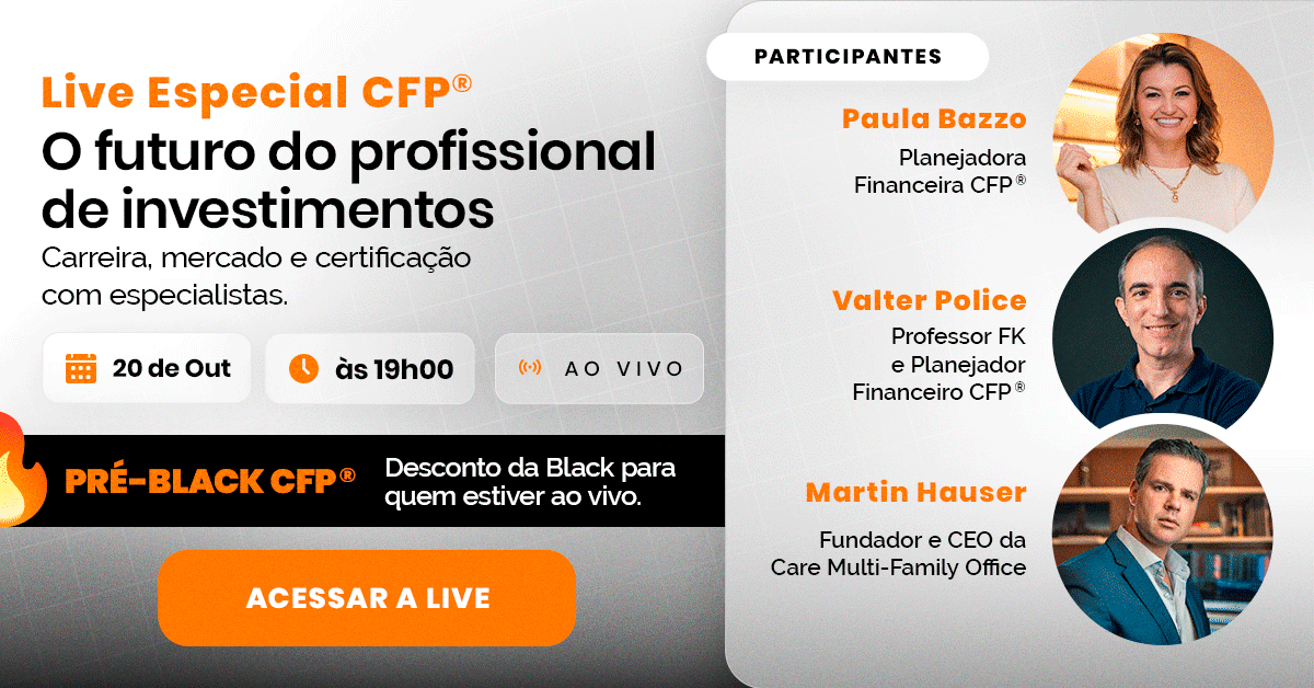 Banner promocional de Live Especial CFP com data, horário e participantes (Paula Bazzo, Valter Police, Martin Hauser) à direita; botão 'ACESSAR A LIVE' para acesso.