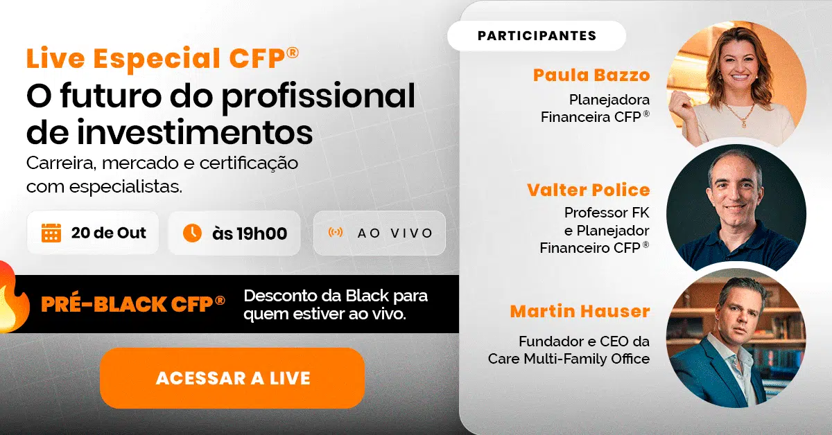Banner promocional de Live Especial CFP com data, horário e participantes (Paula Bazzo, Valter Police, Martin Hauser) à direita; botão 'ACESSAR A LIVE' para acesso.