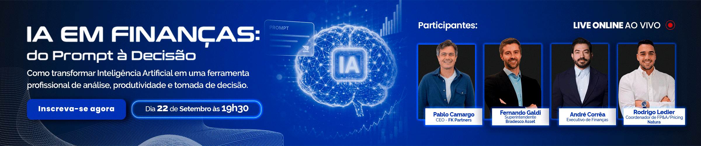 Banner promoting an AI in Finance event with blue gradient, brain graphic, and speaker headshots with names and titles on the right.
