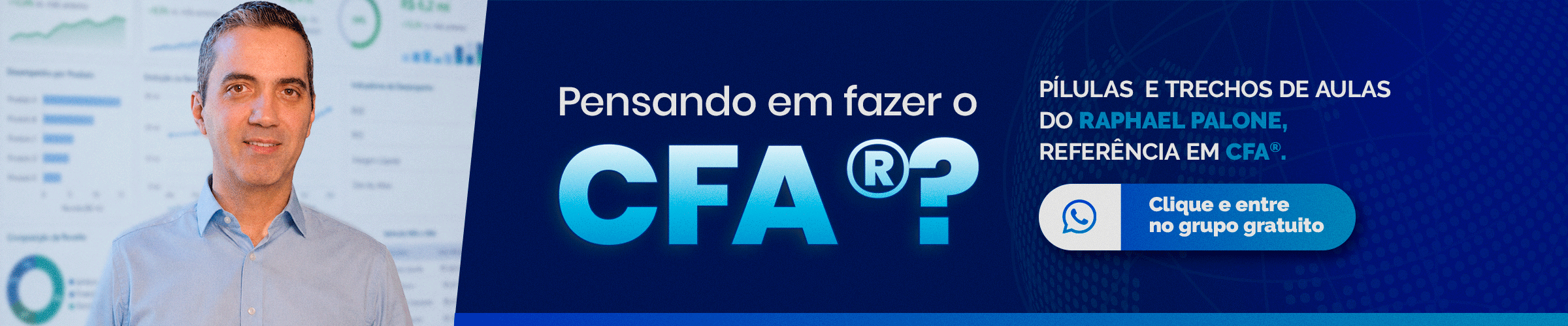 Homem de camisa azul ao lado de um banner azul promocional sobre CFA, com convite para entrar no grupo gratuito pelo WhatsApp.
