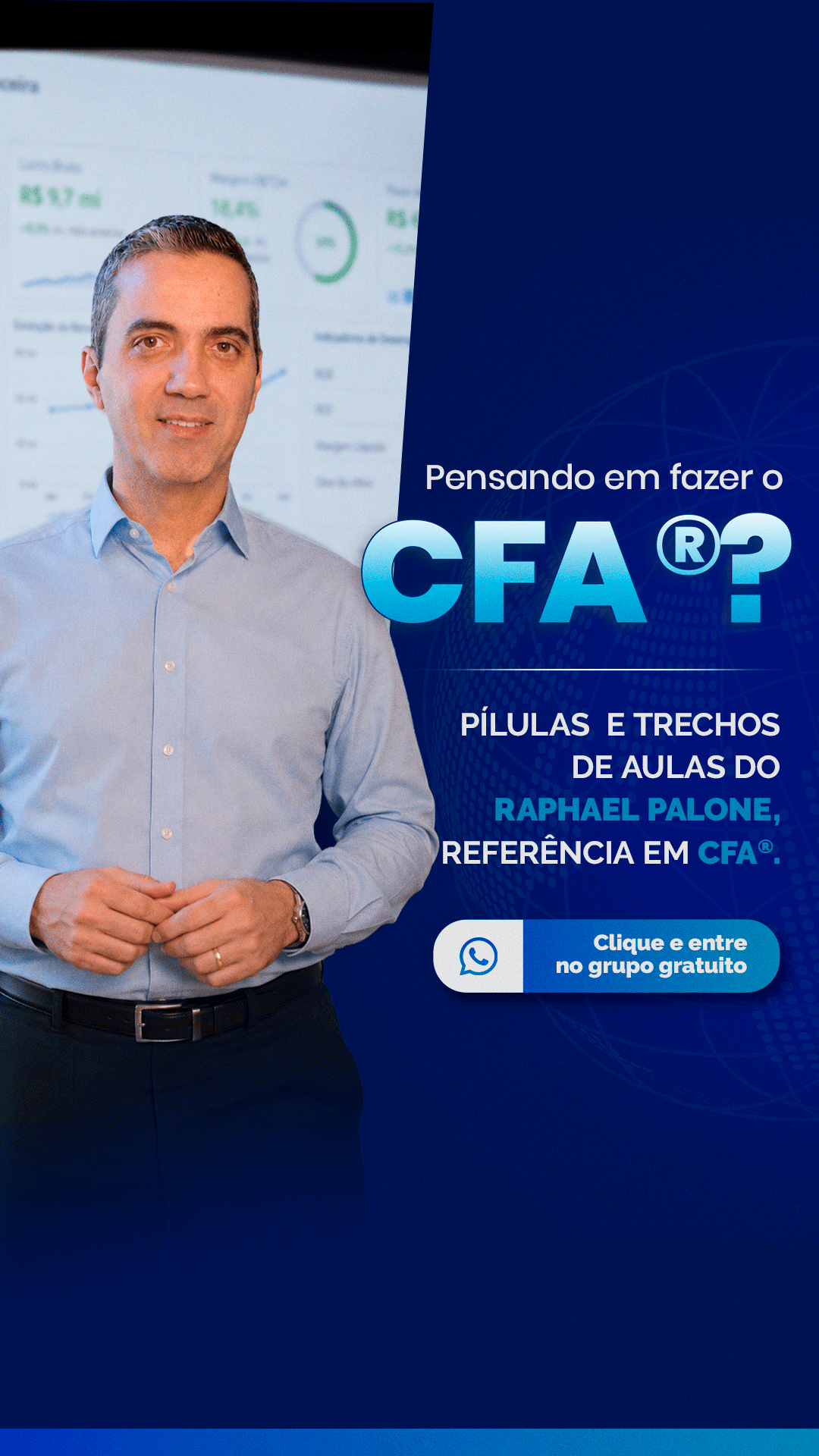 Promotional banner advertising CFA courses with a man in a blue shirt on the left and bold 'CFA' text on the right, plus a WhatsApp group CTA.