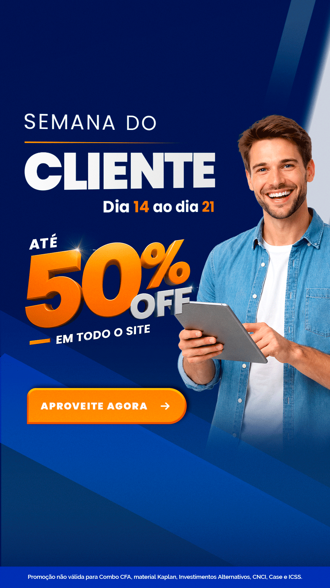 Promoção Semana do Cliente: até 50% off em todo o site, 14 a 21 de mês não especificado.