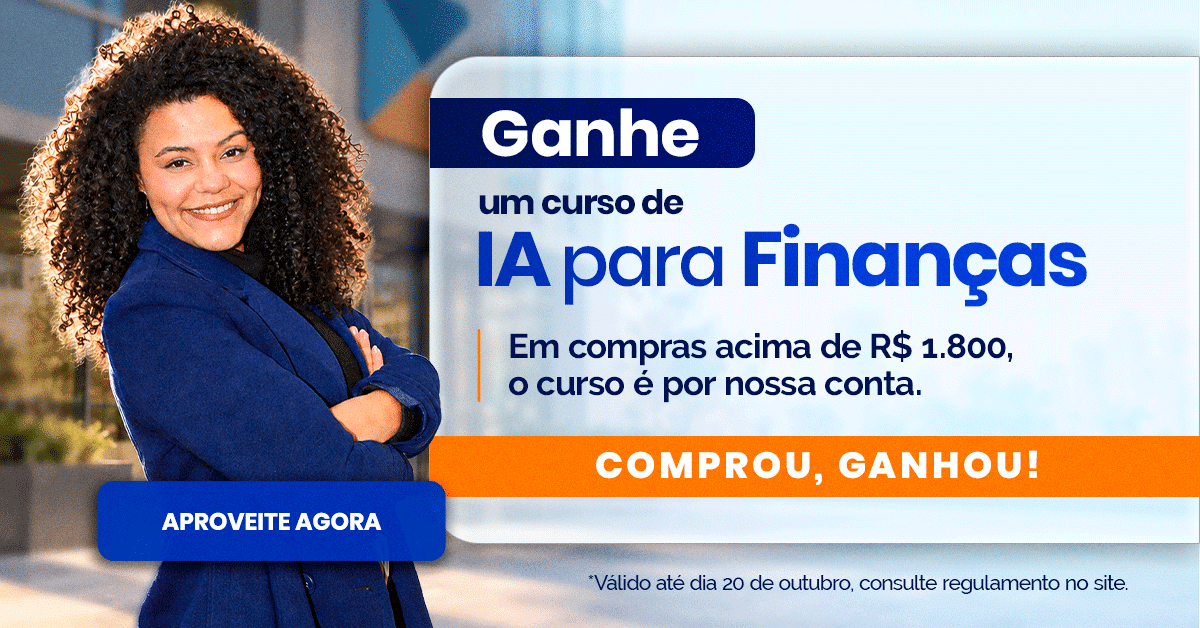 Promo banner: mulher sorridente em blazer azul ao lado de texto 'Ganhe um curso de IA para Finanças' com botão 'Aproveite agora'.
