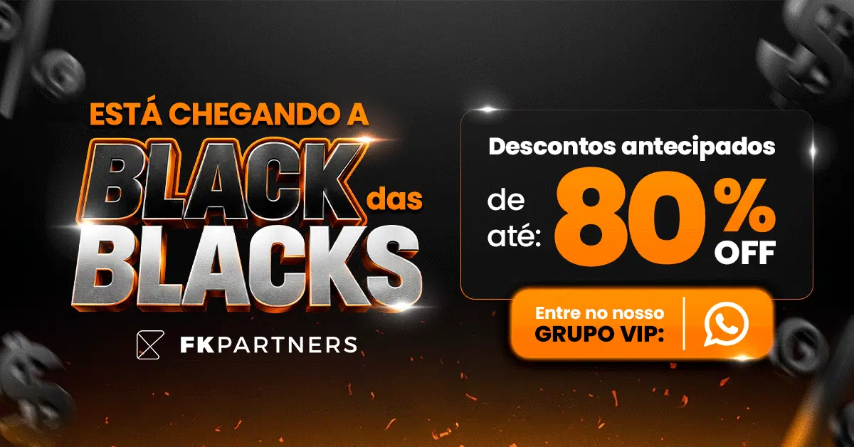 Banner promocional: descontos de até 80% no Black das Blacks e convite para grupo VIP no WhatsApp.